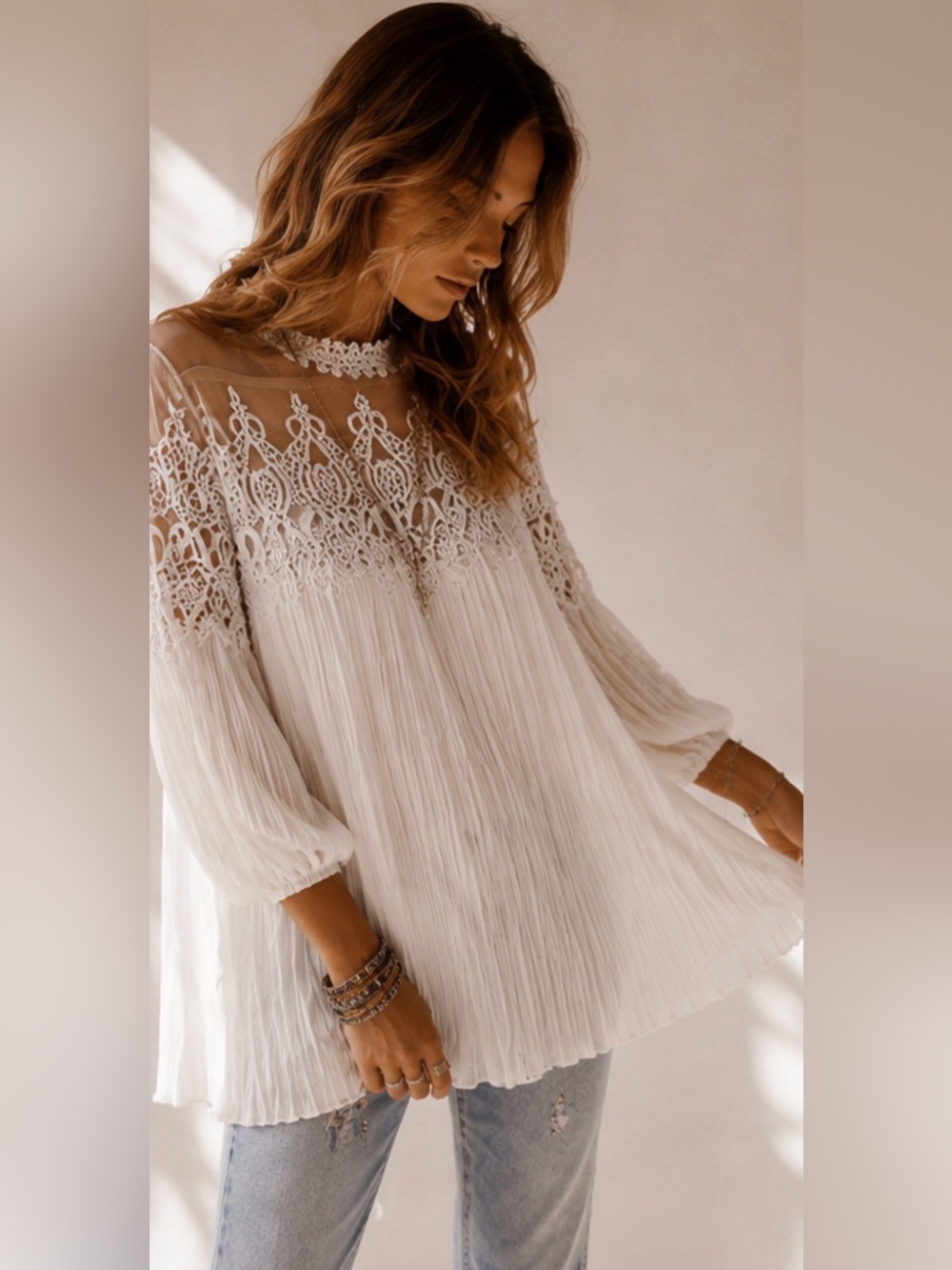 Boho Lace Pleated Tunic Dress | Romantic Boho Chic - Picture 9 of 15